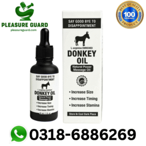 Donkey Oil bottle and packaging box – Natural Power Massage Oil for men to increase size, timing, and stamina, available in Pakistan with free home delivery.