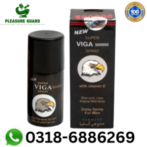 Image of a black Viga 50000 Super Spray bottle and box for men, labeled as a delay spray with vitamin E, featuring an eagle emblem, "Best Quality Product" seal, and WhatsApp contact number 0318-6886269 from Pleasure Guard.