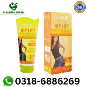 Image of a yellow tube and box of Dr. Rashel Hip Lift Your Figure cream with collagen and lavender, labeled 2x effective, featuring a gold "Best Quality Product" seal and WhatsApp contact number 0318-6886269 from Pleasure Guard.