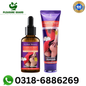 Image of a bottle of Aichun Beauty Garlic Hip Enlargement Essential Oil and a tube of Garlic Hip Firming Cream by Pleasure Guard, both labeled 100% natural, with a gold "Best Quality Product" seal and WhatsApp contact number 0318-6886269.