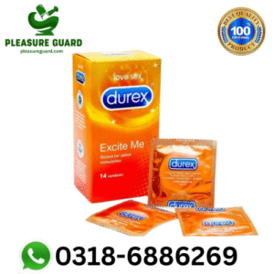 Image of Durex Excite Me Dotted Condoms 14-pack box and individual packets, featuring a vibrant orange design with the Durex logo and "Excite Me" text. The box highlights "Dotted for added stimulation" and contains 14 condoms. Includes a "Best Quality 100% Original Product" badge, a "Pleasure Guard" logo, and a WhatsApp contact number (0318-6886269) with the website pleasureguard.com.